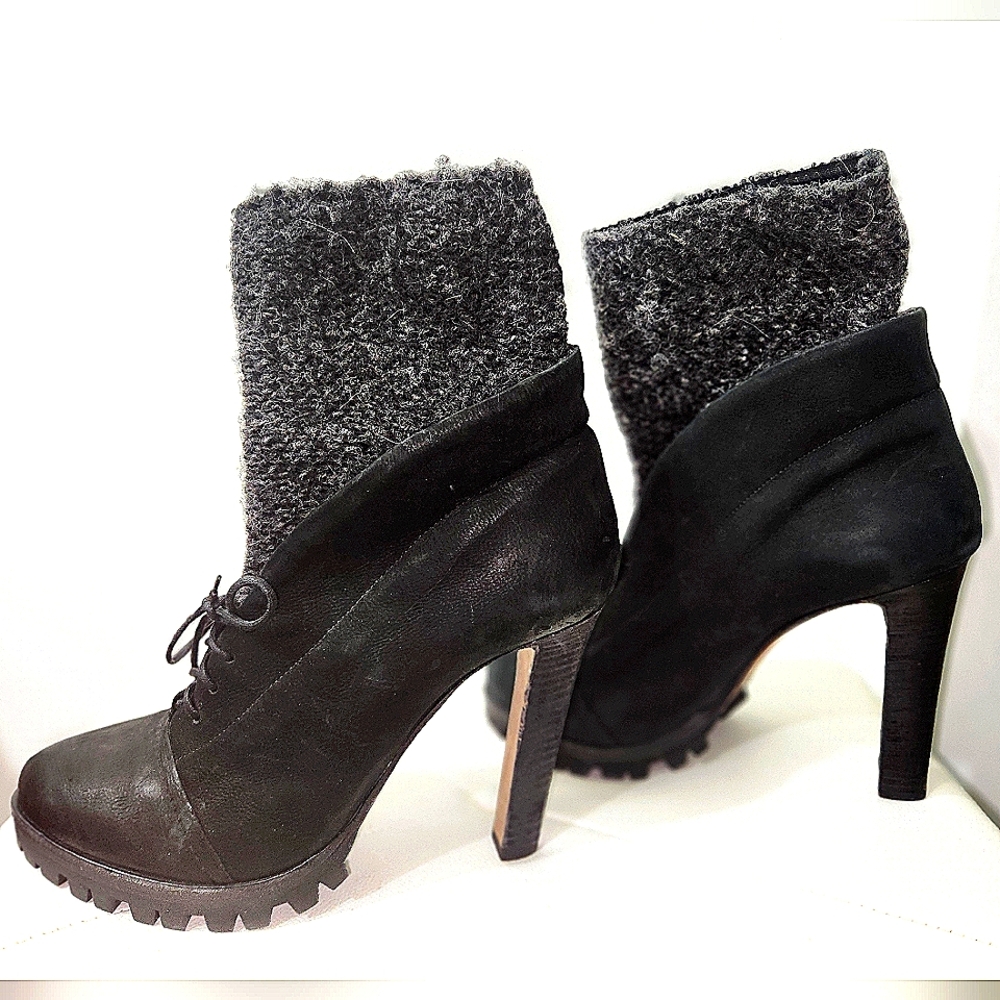 VIC MATIE ITALIAN LEATHER LUG SOLE & WOOL BLEND SOCK ANKLE BOOTS 40